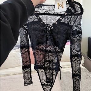 Meshki Black Lace Long Sleeve Bodysuit